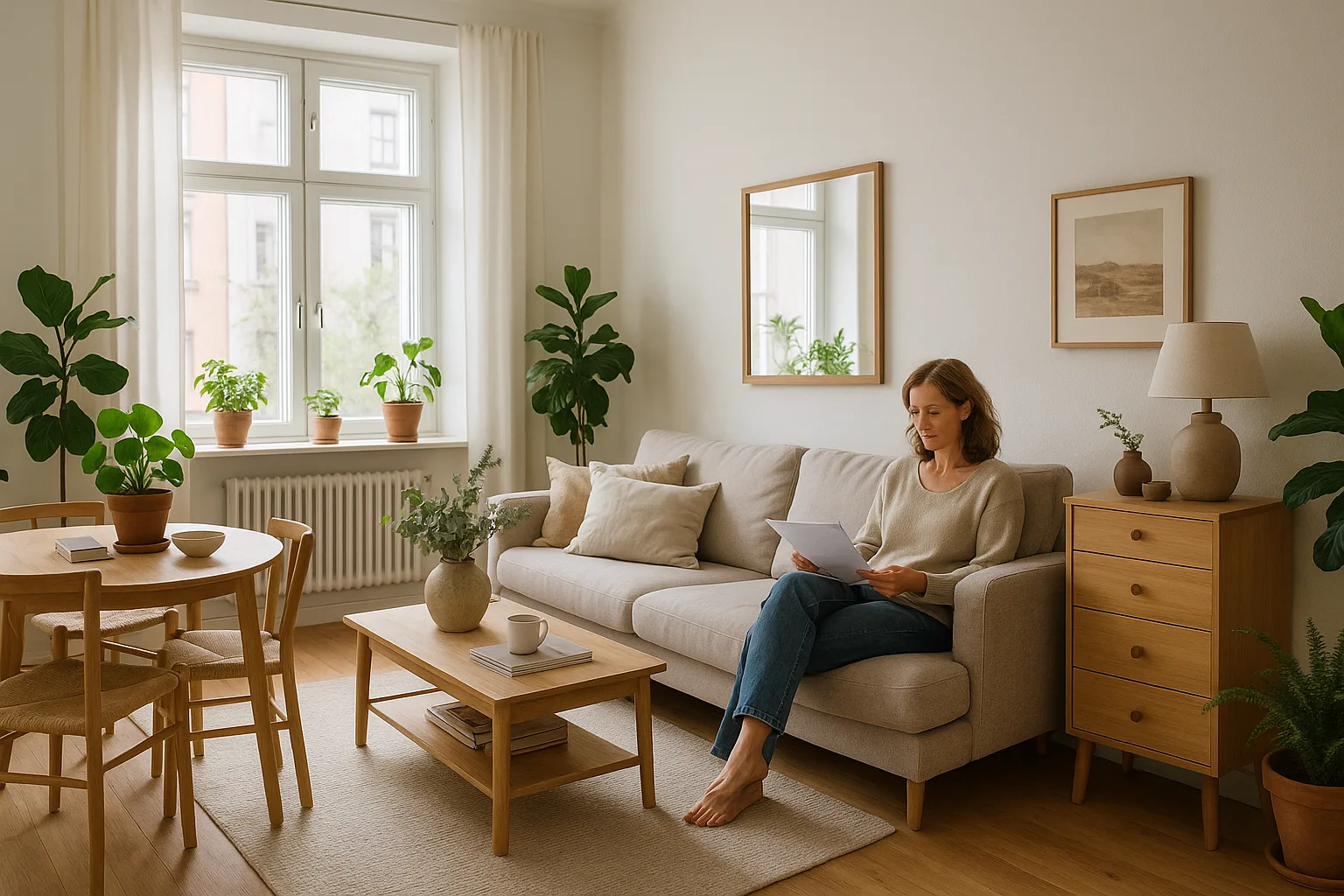 Ljust vardagsrum i en svensk lägenhet med panoramafönster och Skandinavisk inredning