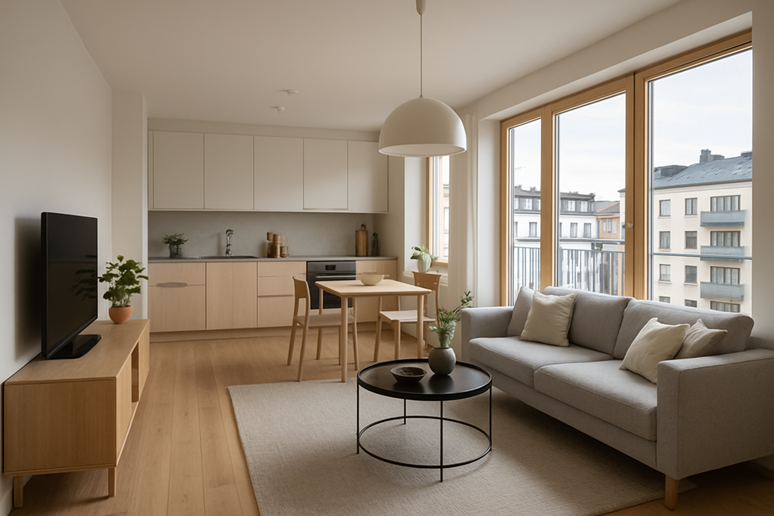 Modernt kök i bostadsrätt med skandinavisk inredning