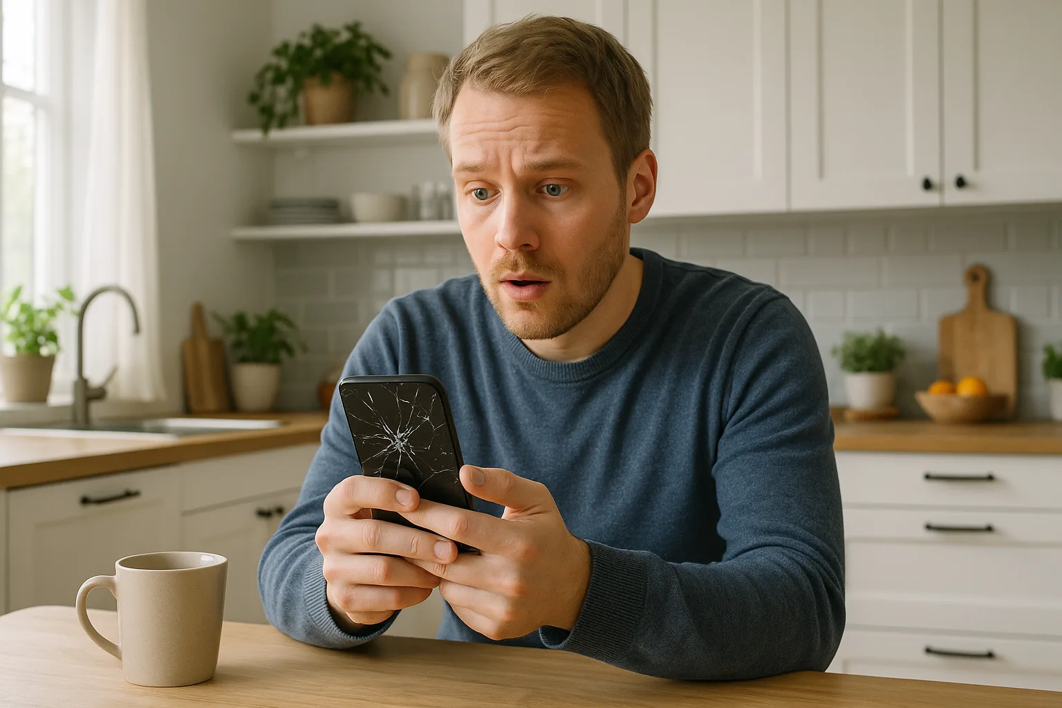 Person tittar på sprucken telefonskärm – drulleförsäkring