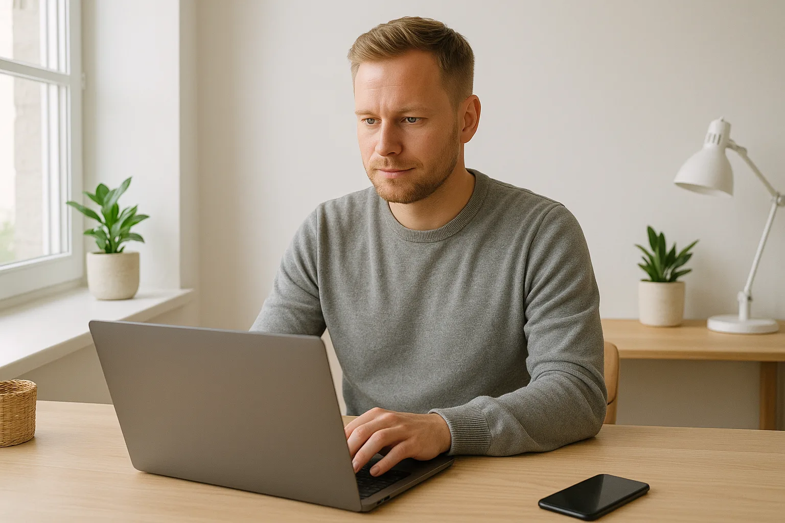 Person vid laptop i nordiskt hemmakontor – elektronikförsäkring