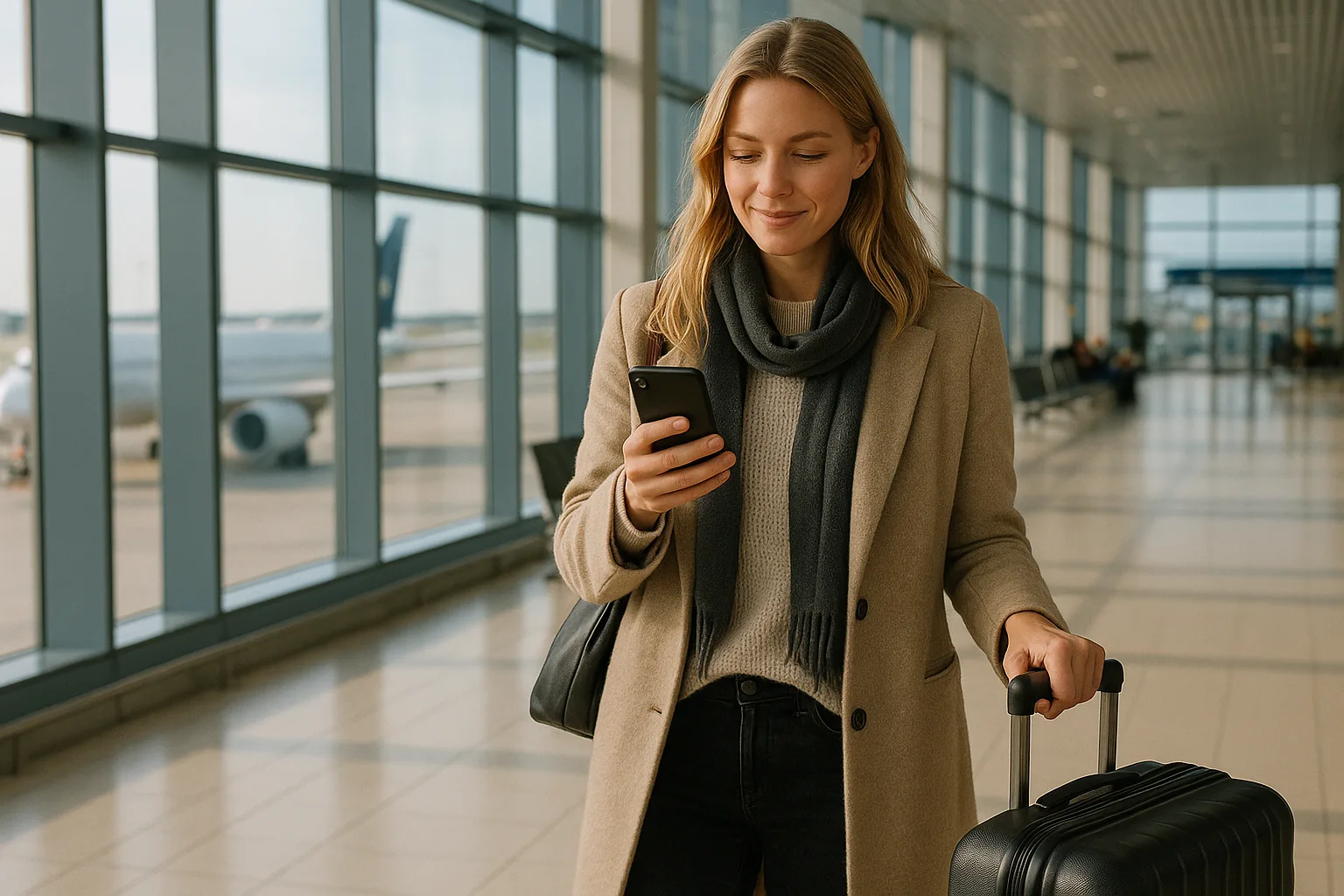 Kvinna på internationell flygplats med bagage, kollar sin telefon
